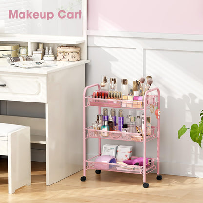 TOOLF 3 Tier Rolling Cart Pink - Metal Storage Organizer with Wheels, 33 lbs Shelf Capacity, Easy 5-Min Assembly, for Girls Room Bathroom Kitchen Office Nursery, Compact Design for Small Spaces, Pink