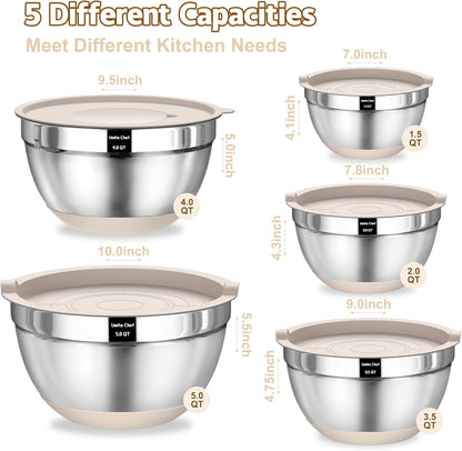 Umite Chef Mixing Bowls Set - 8PCS Stainless Steel Nesting Bowls with Airtight Lids & Grater | Non-Slip Bottoms, 1.5QT to 5QT