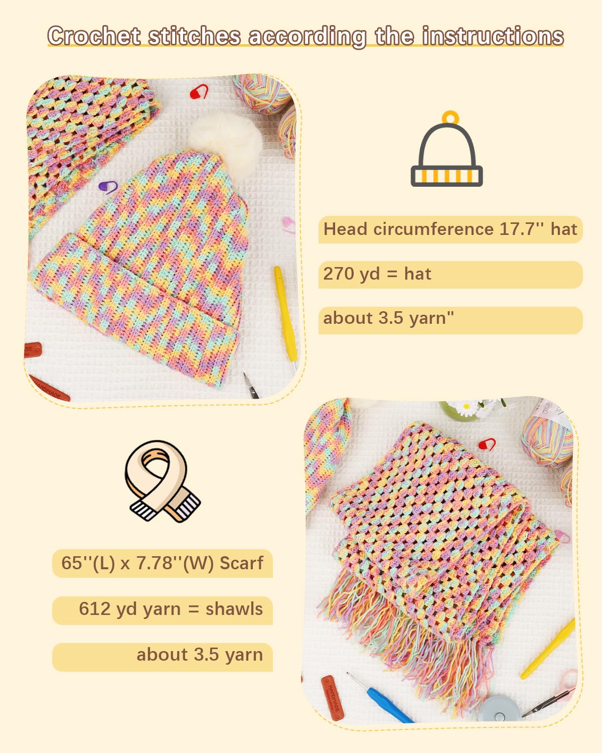 Katech Crochet Kit for Beginners-Crochet Kit for Adults Learn to Crochet Granny Square Scarf Beanie Hat, Complete Set for Crocheting Scarf w/Step-by-Step Instructions 6 Blend Yarn-Macaron