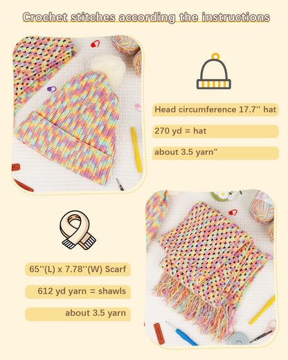 Katech Crochet Kit for Beginners-Crochet Kit for Adults Learn to Crochet Granny Square Scarf Beanie Hat, Complete Set for Crocheting Scarf w/Step-by-Step Instructions 6 Blend Yarn-Macaron