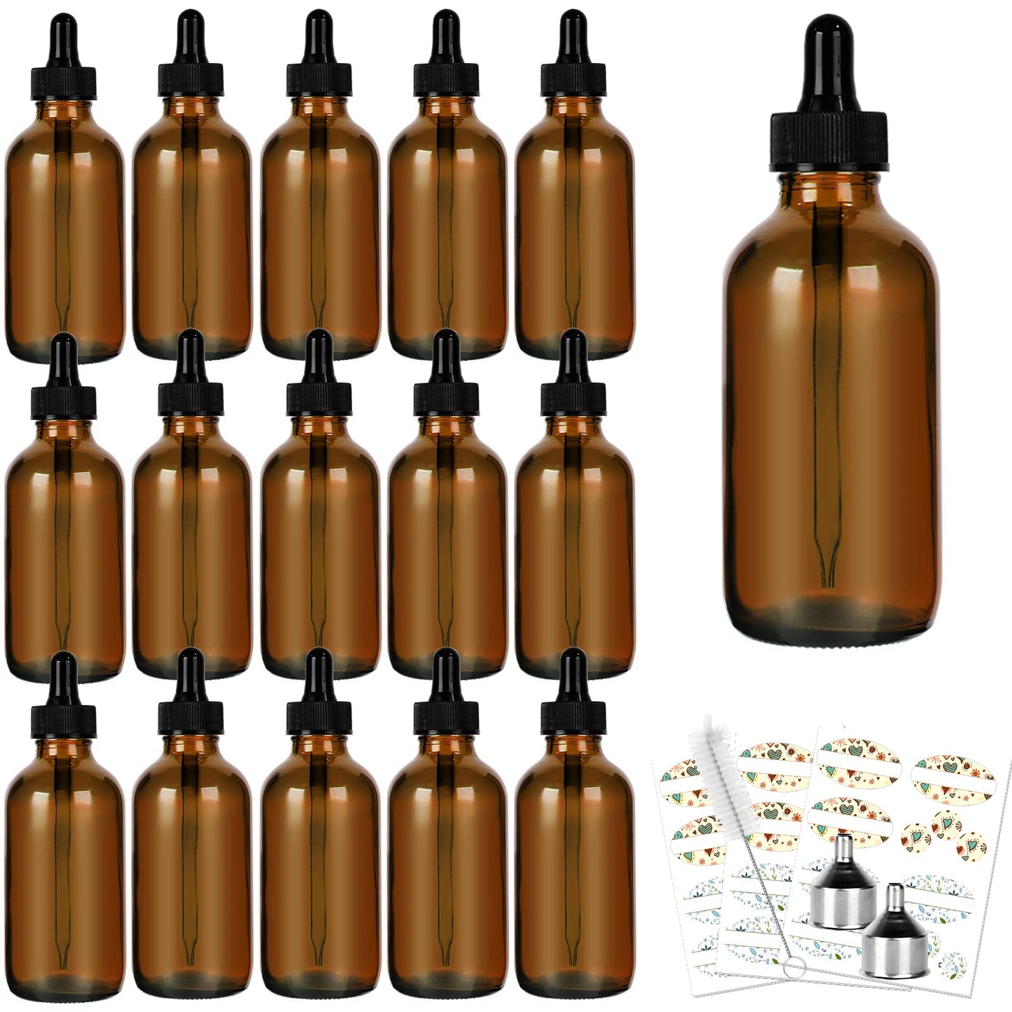 CycleMore 16 Pack (120 ml) 4 oz Amber Glass Boston Bottles with Glass Eye Droppers, Dropper Bottles for Essential Oils & Lab Chemicals & More Liquids Ideal for Mom & Friends