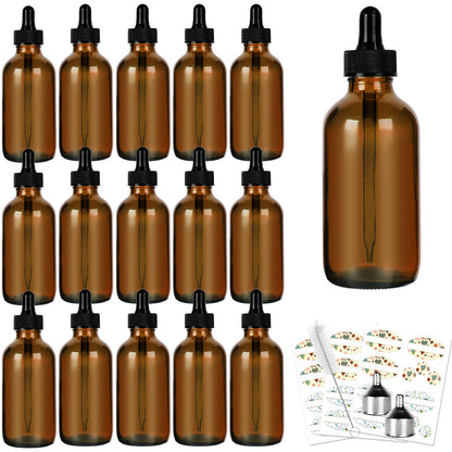 CycleMore 16 Pack (120 ml) 4 oz Amber Glass Boston Bottles with Glass Eye Droppers, Dropper Bottles for Essential Oils & Lab Chemicals & More Liquids Ideal for Mom & Friends