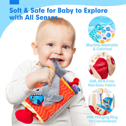 hahaland Baby Tissue Box Toy - Baby Toys 6-12 Months Montessori Toys for 6 Month Old with Textured Tails, Cloth Tissues, Crinkle, Squeaky Sounds, Mirror - Gifts Play Silks Sensoy Scarves for Babies