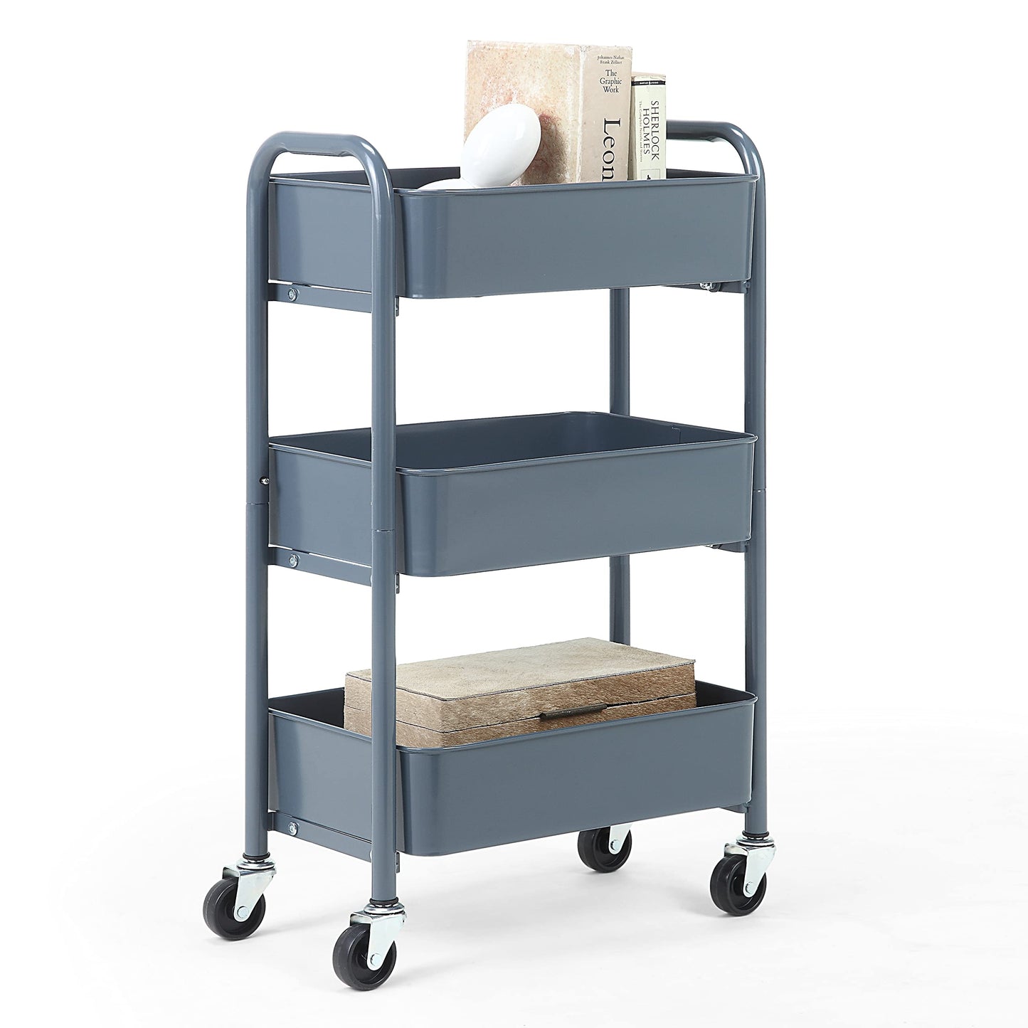 SunnyPoint 3-Tier Delicate Compact Rolling Metal Storage Organizer - Mobile Utility Cart Kitchen/Under Desk Cart with Caster Wheels - Blue (15.35" X 10.24" X 26.8"H)