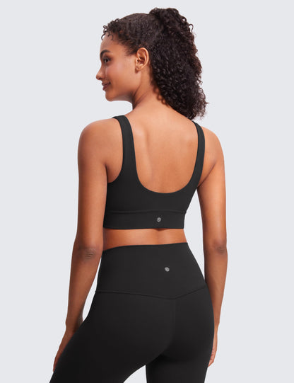 CRZ YOGA Butterluxe Womens U Back Sports Bra - Scoop Neck Padded Low Impact Yoga Clothes Workout Crop Top with Built in Pads Black Small