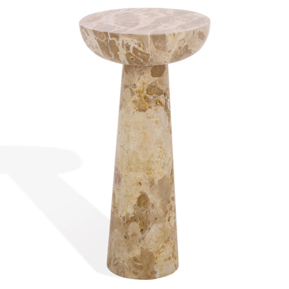 SAFAVIEH Couture Collection – Glendale Beige Round Marble Accent Table, Stone Pedestal Side Table, Modern Sculptural Design (SFV9766B)