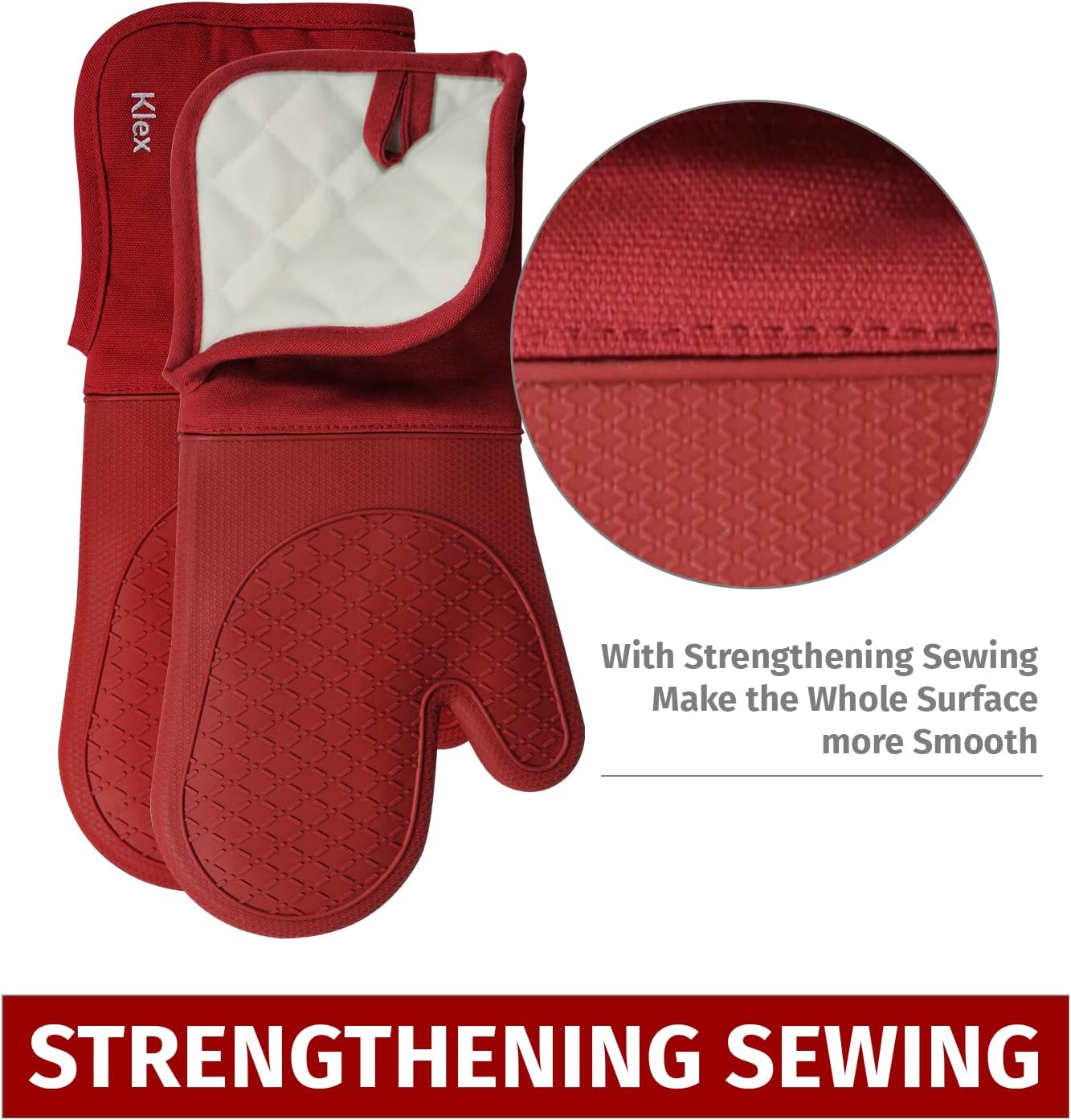 Klex Extra Long Silicone Oven Mitts, 932°F Heat Resistance with Quilted Cotton Liner, 2 Piece Set, 15 inch, Red