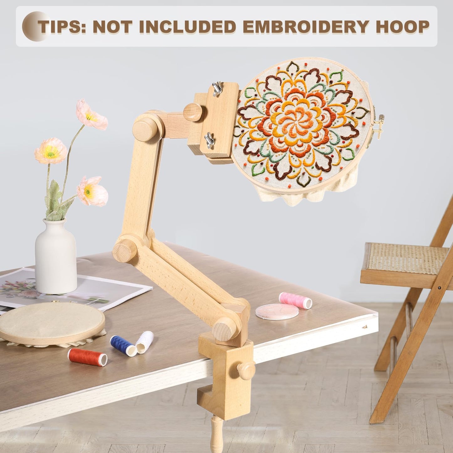 PATIKIL Embroidery Hoop Stand, Adjustable Beech Wood Cross Stitch Stand Holder 360 Degree Rotation for DIY Art Craft, Sewing, Needlework Projects