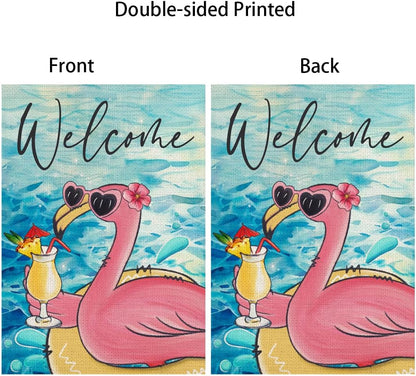 Welcome Summer House Flag, Flamingo Pool Decoration, Seasonal Outdoor Farmhouse Yard Double Sided 28x40 Inch