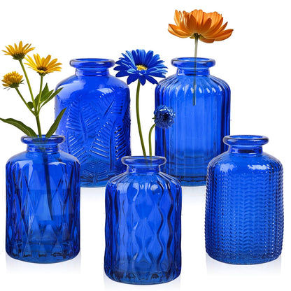 ELEGANTTIME Cobalt Blue Glass Bud Vase Small Flower Vase Mini Bottle with Cork Wire Handle Design for Deco Cafes, Office Table, Home and Garden(Set 5)