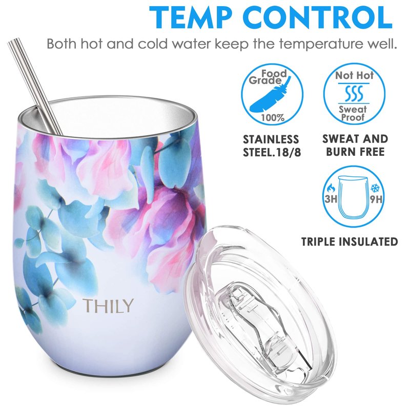 THILY Stainless Steel Stemless Wine Tumbler 4 Pack Vacuum Insulated Travel Wine Glasses with Sliding Lids and Straws, 12 oz, Keep Cold for Juice, Coffee, Beer, Flower Series