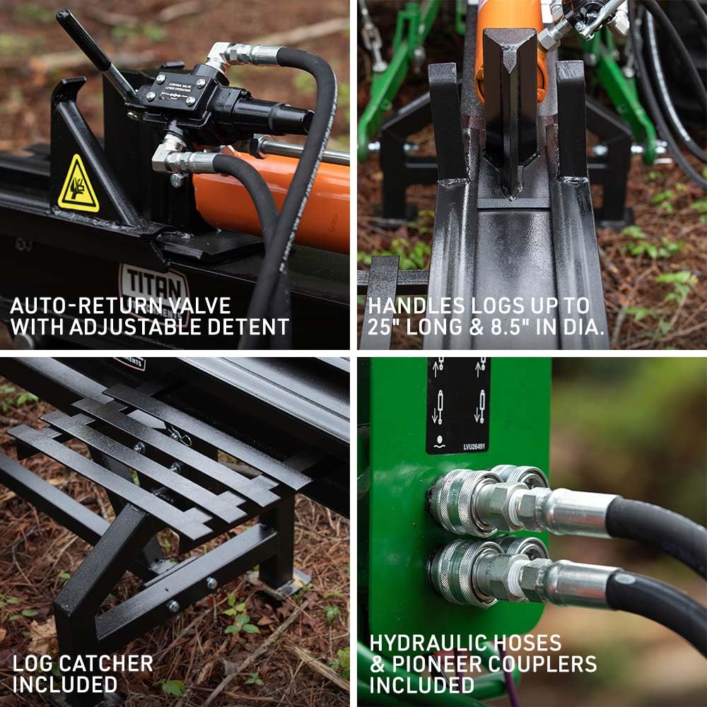 Titan Attachments 3 Point 25 Ton Hydraulic Log Splitter for Cat 1 Tractors, Horizontal & Vertical Wood Splitter, 2,500 PSI Max Pressure, Splits Logs up to 25" x 8.5", Auto Return Valve
