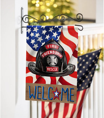 Welcome Firefighters Helmet Garden Flag, Fireman Emergency Rescue Alert Decorations, Double Sided 12x18 Outdoor Decor