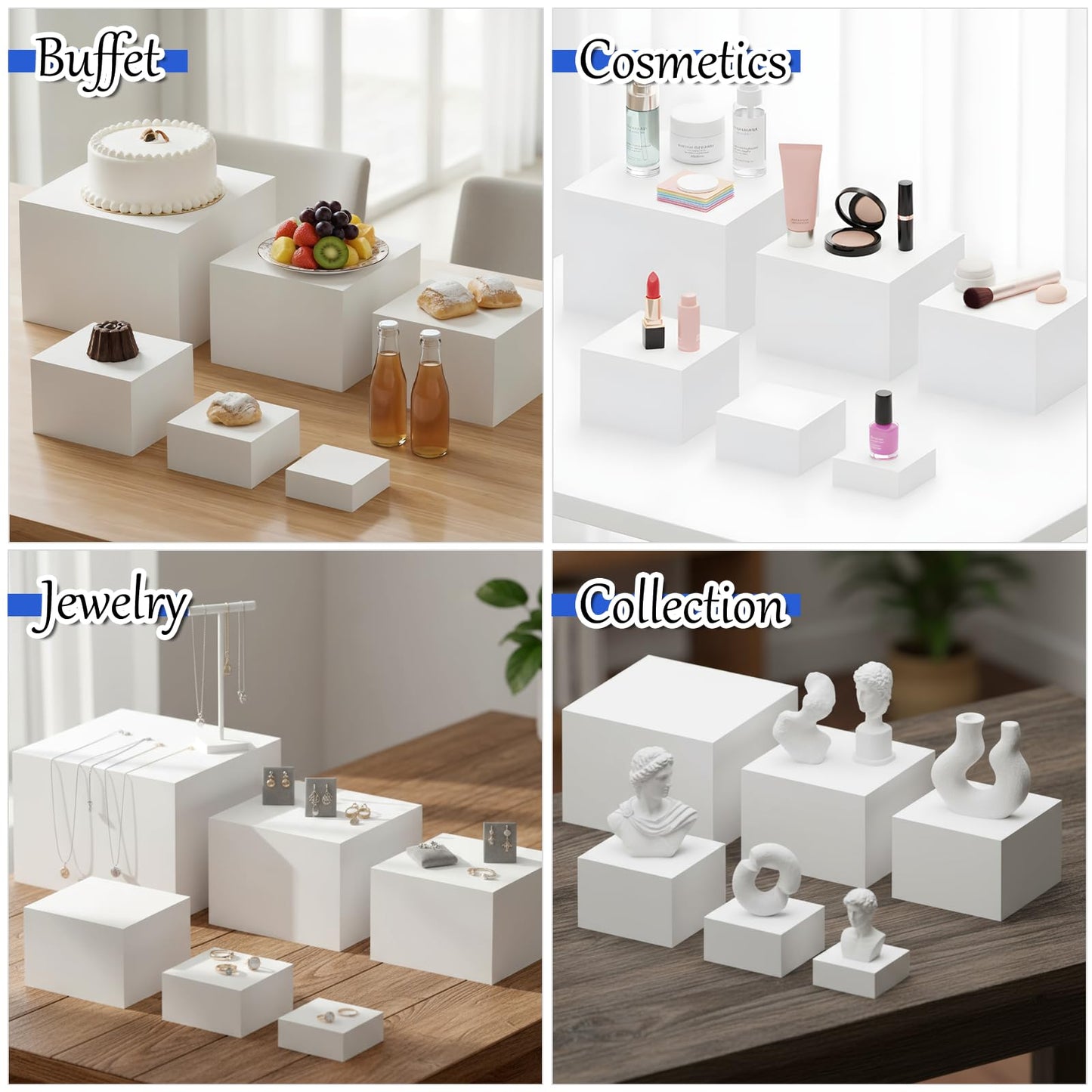 IANFAN 6 Pcs Buffet Risers, Food Risers for Buffet Table, White Acrylic Cube Boxes Display with Hollow Bottoms Display Stand Shelf for Party Cake Dessert Catering Jewelry Collectibles (3"4"5"6"7"8'')