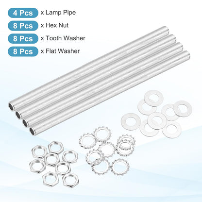 MECCANIXITY 28Pcs 11.8" Lamp Pipe Nipples Kit with Hex Nuts Washers, 1/4IP All Threaded 1/2" Outer Diameter Lamp Rod Hollow Tube Fasteners for Lamp Assembly Chandelier DIY Repair, Silver