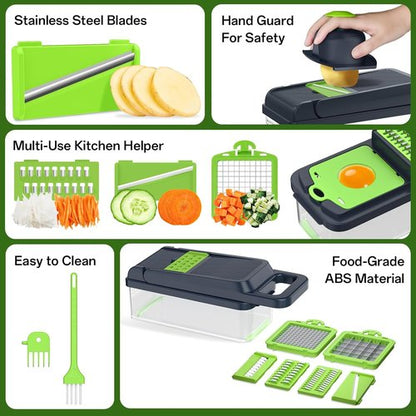 HomeHacks Vegetable Chopper - 12-in-1 Multi-Functional Kitchen Gadget with Handle | Green Dicer, Slicer & Grater