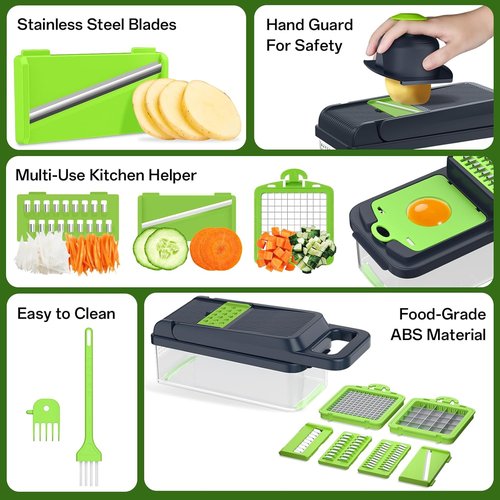 HomeHacks Vegetable Chopper - 12-in-1 Multi-Functional Kitchen Gadget with Dicer, Slicer & Grater (Green)