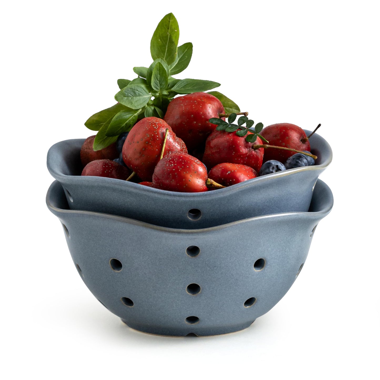 Gomakren Ceramic Berry Basket Set of 2, Elegant Fruit Bowl with Holes for Kitchen Counter, 6 Inch, Berries, Strawberry, Grape, Cherry, Floral Shape, Slate Blue, Dishwasher Safe