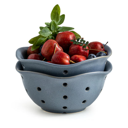 Gomakren Ceramic Berry Basket Set of 2, Elegant Fruit Bowl with Holes for Kitchen Counter, 6 Inch, Berries, Strawberry, Grape, Cherry, Floral Shape, Slate Blue, Dishwasher Safe