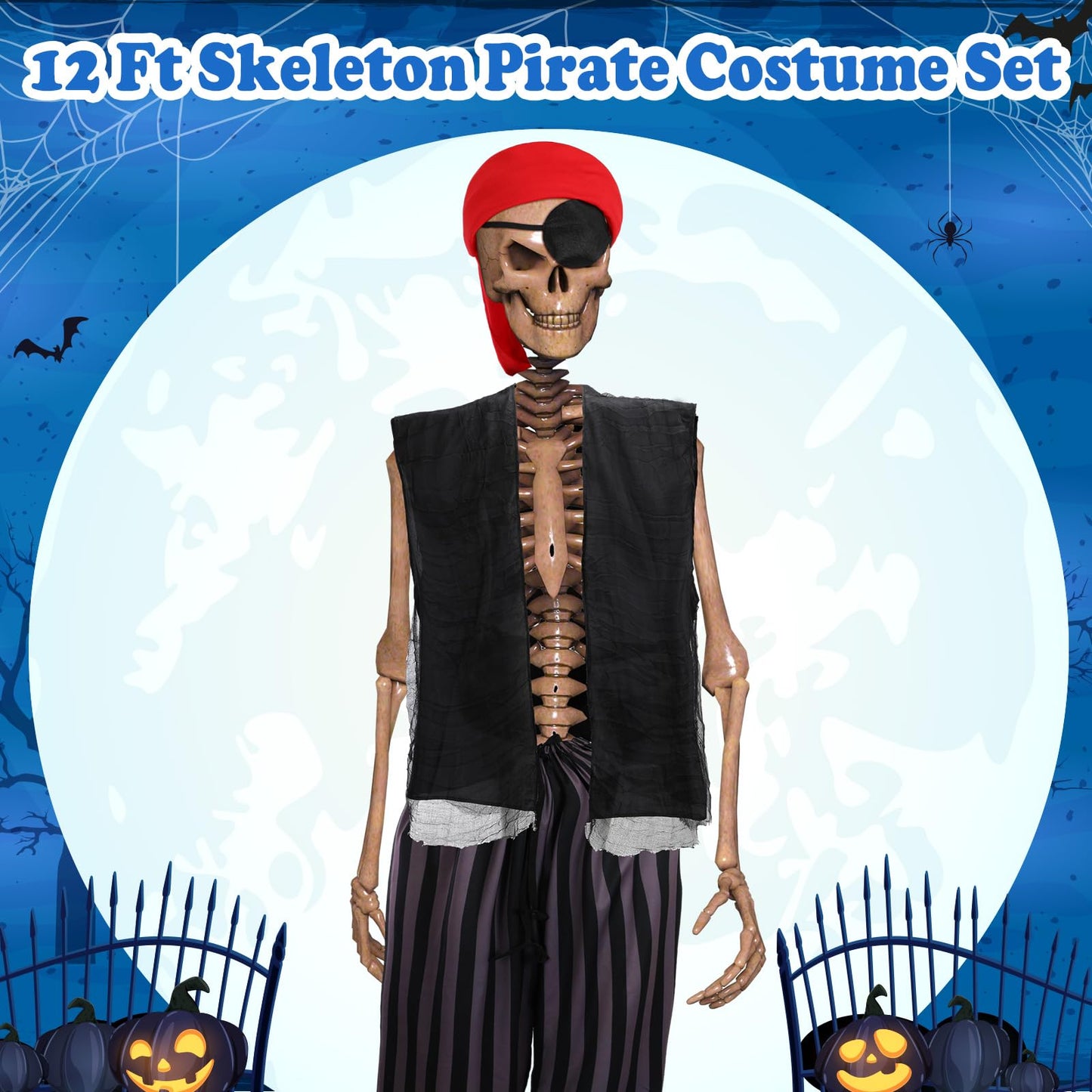 Cozypower 4 Pcs 12 ft Skeleton Outfits Accessories Giant Pirate Costume Set Halloween Skeleton Clothing Accessories for Garden Lawn Outdoor Halloween Decoration