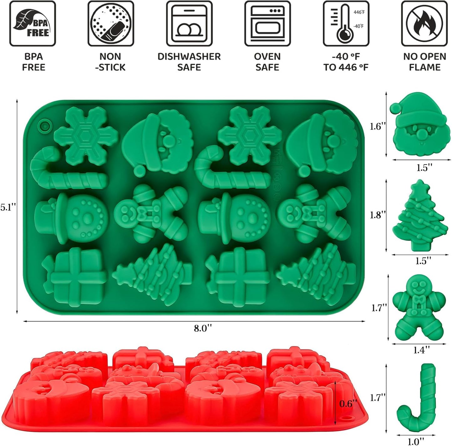 Christmas Silicone Chocolate Molds, 2PCS Holiday Gummy Candy Molds for Jello, Ice Cubes, Soaps