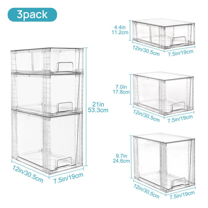 Vtopmart 3 Pack Clear Stackable Storage Drawers,Easy to Assemble Bathroom Organizers and Storage with handles,Plastic Drawers for Kitchen Pantry,Cabinet,Under Sink Organization