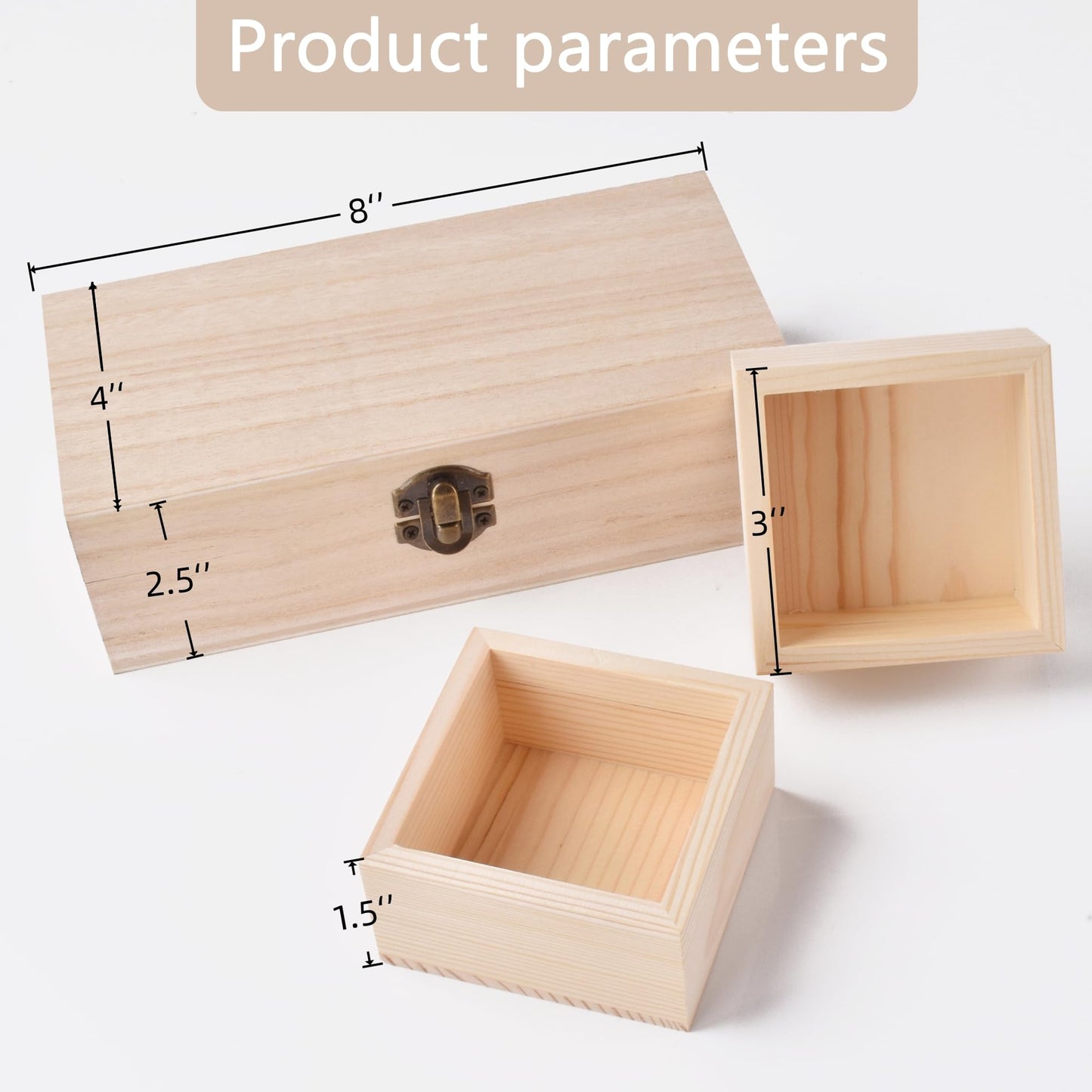 HONSHEN Wooden Storage Box Set, 8 Inch Rectangle Box with 2 Pcs 3 Inch Square Boxes, Decorative Wood Organizer for Jewelry, Trinkets, Office & Home