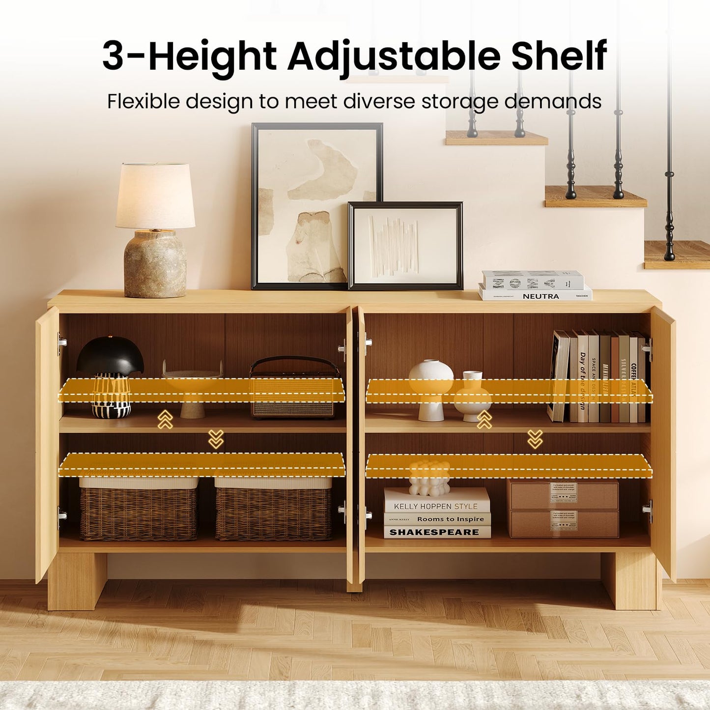 ModernMate 63" Sideboard Buffet Cabinet with Storage, Wood Storage Cabinet with 4 Doors, Large Credenza Sideboard with Adjustable Shelve, Buffet Table for Kitchen, Dining Room, Hallway, Natural Oak