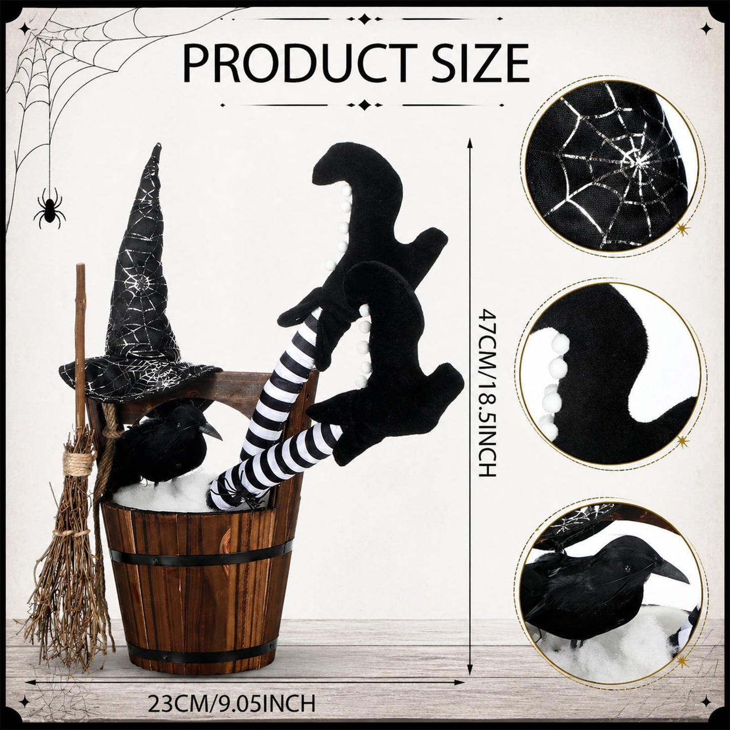 Cinnvoice Halloween Decorations Indoor Witch Legs Hat Broomstick Black Ravens Wooden Table Decor, Gothic Mantel Fireplace Centerpiece for Home Kitchen Office Bar Bedroom Holiday Indoor Party Supplies