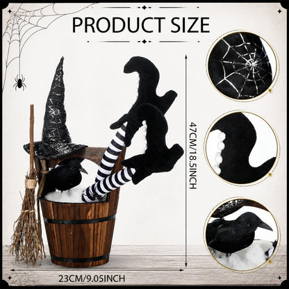 Cinnvoice Halloween Decorations Indoor Witch Legs Hat Broomstick Black Ravens Wooden Table Decor, Gothic Mantel Fireplace Centerpiece for Home Kitchen Office Bar Bedroom Holiday Indoor Party Supplies