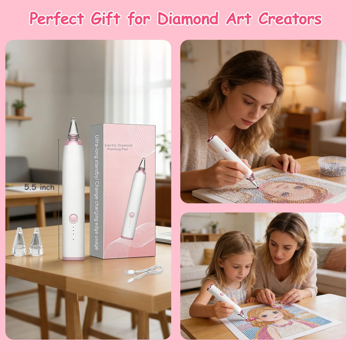 Pixibond Electric Diamond Art Pens, Wireless Diamond Painting Pen with Two Tips | Vacuum Technology | No Wax Needed | 3-Speed Suction Mode Diamond Art Kits Accessories for Adults & Kids