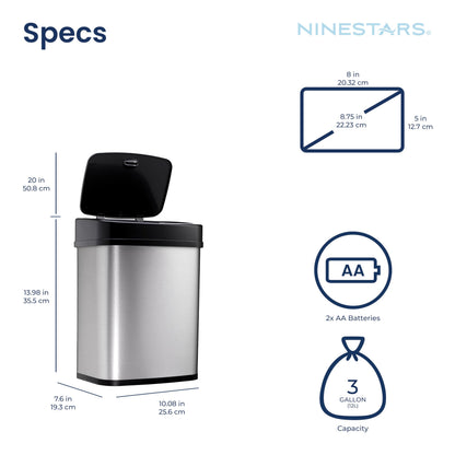 NINESTARS DZT-12-5 Bedroom or Bathroom Automatic Touchless Infrared Motion Sensor Trash Can, 3 Gal 12L, Stainless Steel Base (Rectangular, Black Lid)