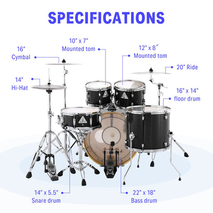Donner Drum Set Adult with Practice Mute Pad,5-Piece 22 inch Full Size Acoustic Drum Kit, Black- DDS-520