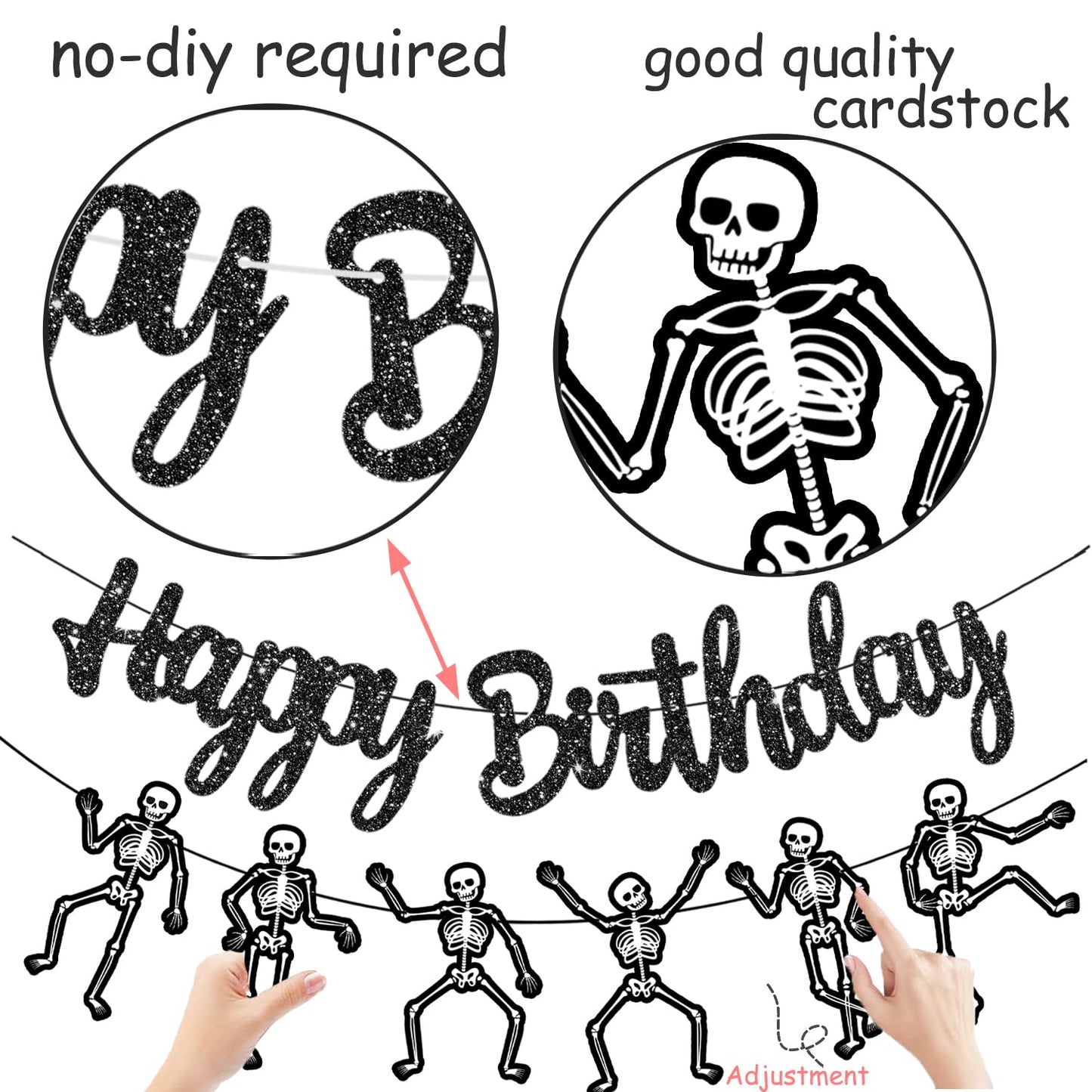 Skeleton Birthday Party Banner Halloween Party Decorations Dancing Skeleton Cutout Banner Glitter Black Skull Party Decoration for Halloween Holiday Celebration Supplies