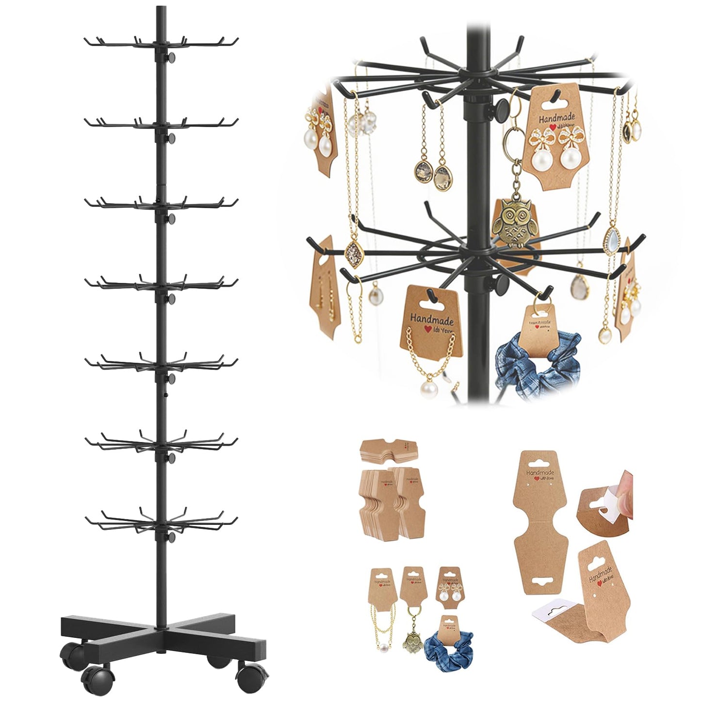 MaagorVita Retail Display Stand 7 Tier Rotating Rack for Store, Keychain Jewelry Vendor Events, 360° Spinning Display Spinner with 200PCS Cards, Movable and Adjustable