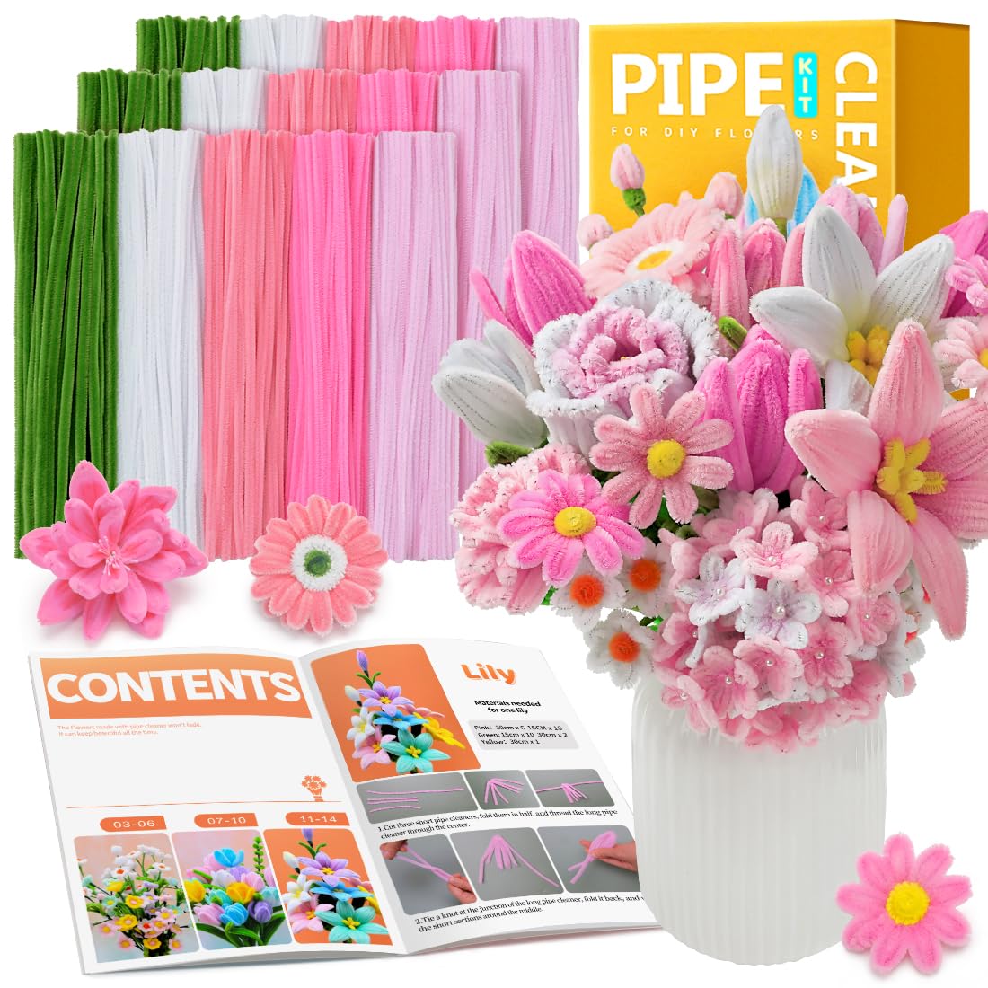 IOOLEEM Pipe Cleaners, 480pcs Pink, Flower Making Kit, Arts and Craft Supplies for Flowers, Ideas for Art Project Activity.
