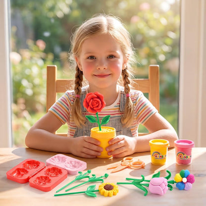 Clay Flower Pot Plant Play Set - 15PCS Modeling Dough Play Kit for Kids Ages 3-8, Non-Toxic Playdough with Molds & Tools, Easter/Christmas Gift for Toddlers Boys Girls Arts Crafts