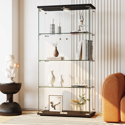 IDEALHOUSE Tempered Glass Display Cabinet with LED Light, 4 Shelves Lockable Curio Showcase, Double Doors Storage Cabinet for Living Room Bedroom Office, Black (64x31.7x14.3 in)