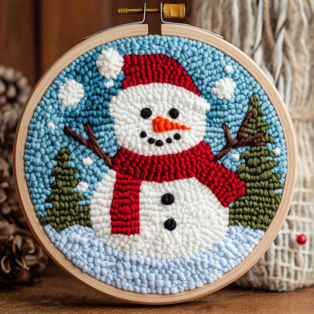 DIY Punch Needle Kits for Beginners Christmas Snowman with Winter Snow with Hoop Embroidery Punch Needle Starter Craft Set Easy for Adults and Children Festival Gift and Decoration 20x20cm-1