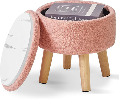 13 Inch WBD006P IBUYKE Foot Stool Ottoman with Storage, Round Small Foot Rest with Padded Seat and Wood Legs, Teddy