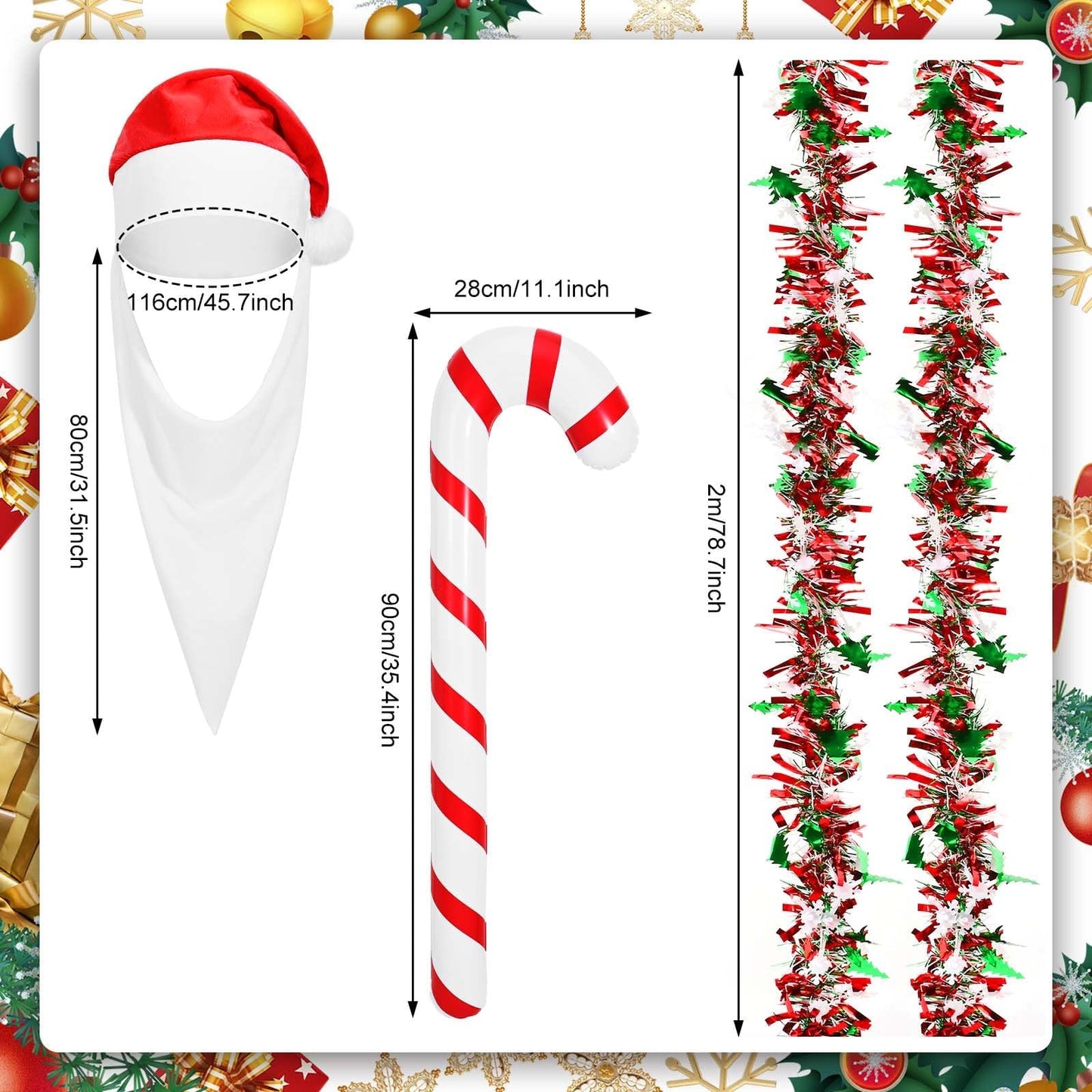 JcHrmers 4 Pcs Christmas 12 ft Skeleton Santa Costume Accessories Including Giant Santa Hat Top Long Beard Inflatable Candy Cane 16.4FT Christmas Tinsel Garland for Xtmas Outdoor Decor