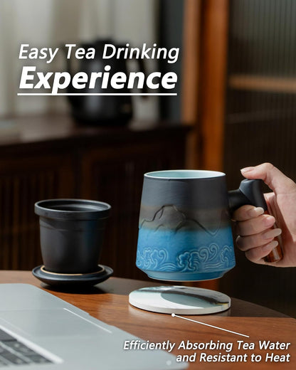 15.2 oz ZENS Tea Cup with Infuser and Lid for Loose Leaf Tea Steeper, Ceramic Tea Mug with Fine Tea Strainers
