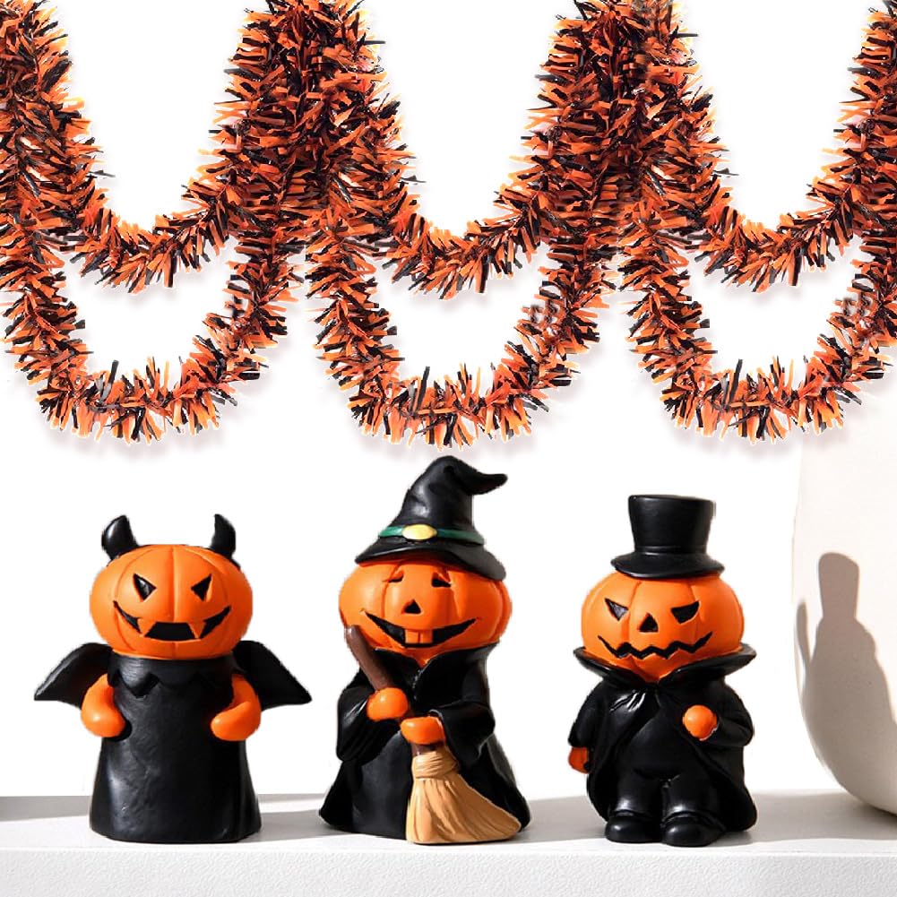Halloween Tinsel Garland - 66 Ft Shiny Metallic Tree Garland Glitter Tinsel Hanging Twist Hanging Decorations for Halloween Party Holiday Supplies (Orange,Black)