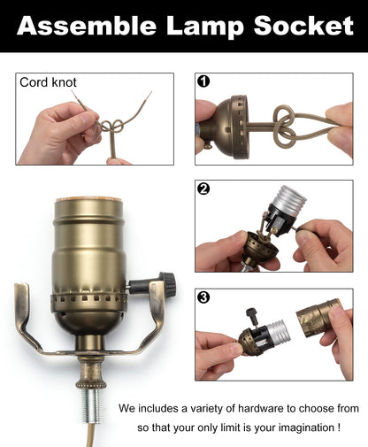 Lamp Making Kit, Lamp Parts for Repair Replacement or Rewire Table and Floor Lamps, 3 Way Socket 12 Foot Matching Cord and Essential Hardware, DIY Lamp Kits for Do It Yourself (Antique Brass)
