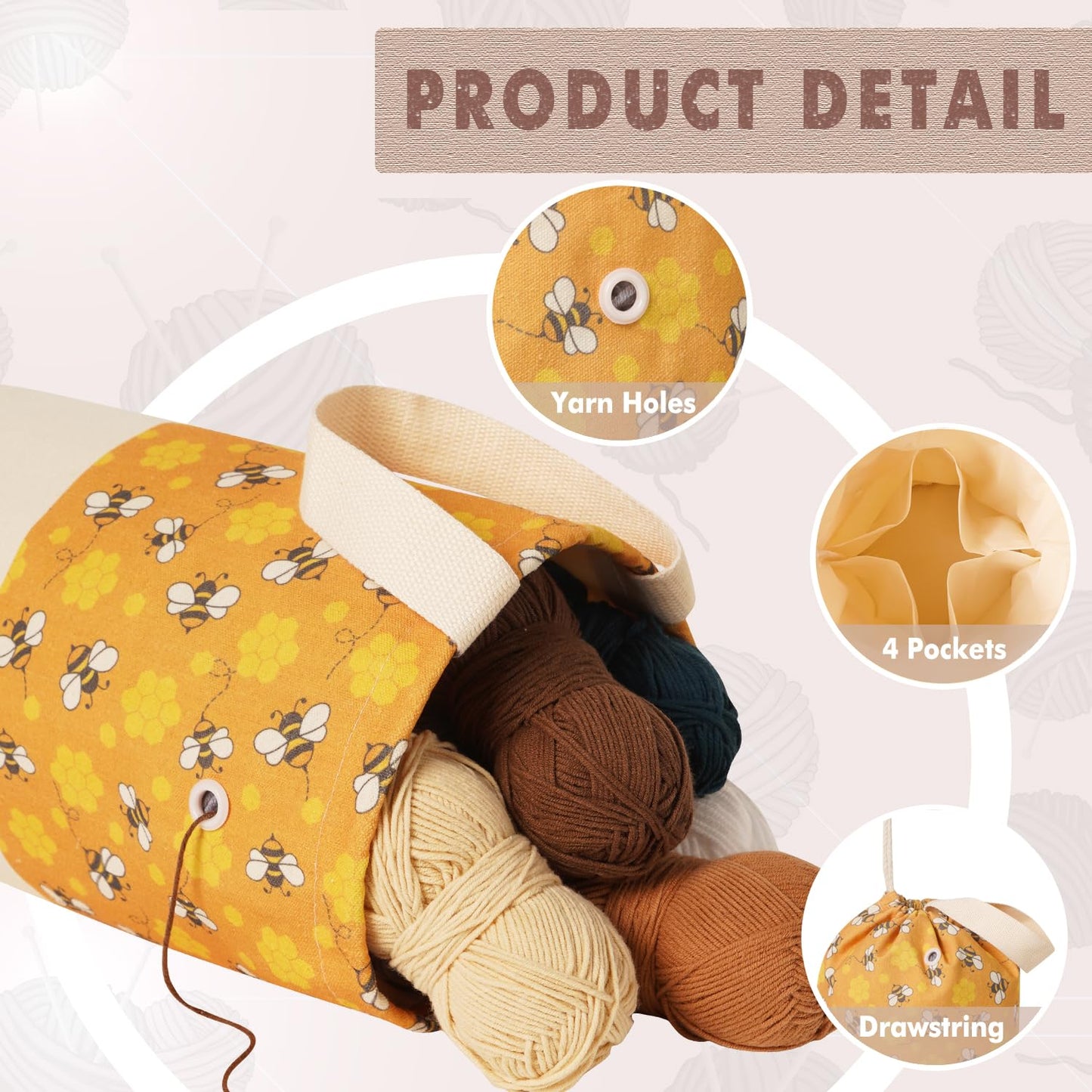 TOGETRUE Yarn Bag, Knitting Crochet Bag, Portable Yarn Storage Bags Organizer for Crocheting Project, Store Skein Ball, Short Knitting Needle (Large, Bees)