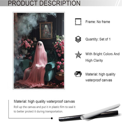 ADRHGCY Retro Pink Ghost Posters, Cute Horror Scary Wall Art, Ghost Figure Sitting on Weeds, 12x16in Unframed