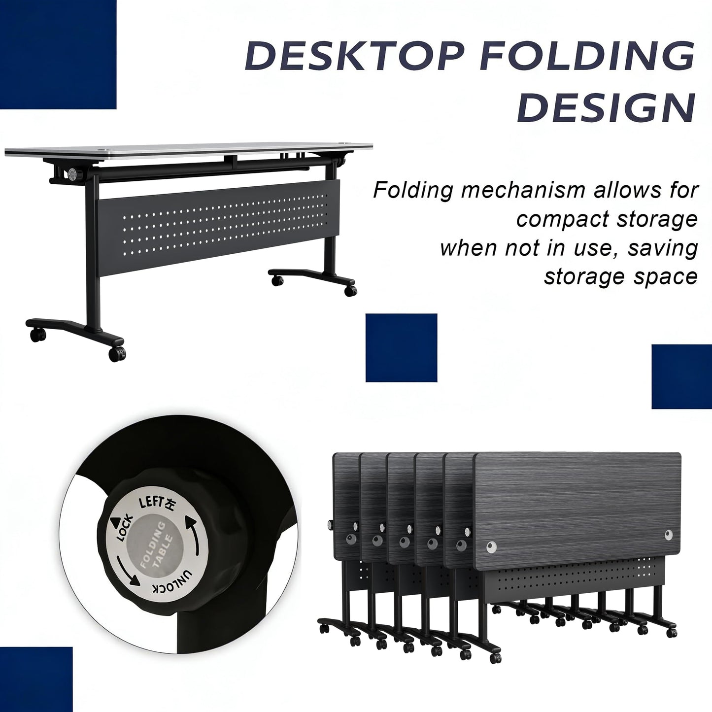 Modern Conference Table, Folding Conference Table with Wheels, Flip Top Mobile Meeting Table for 2-30 Person, Modular Seminar Training Room Table for Meeting Conference Room (4, Dark Grey, 70.8")
