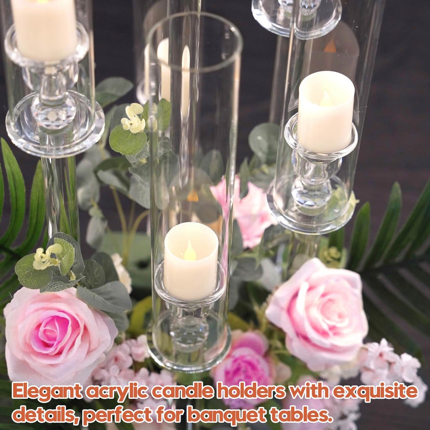 8 Set 5 Arm Acrylic Candle Holder, Mjkeomo 22'' Tall Candelabra Centerpieces for Tables, Candlesticks Holder with Lampshade for Housewarming Gift Fireplace Dinner Decor Fit 0.82'' LED Candle