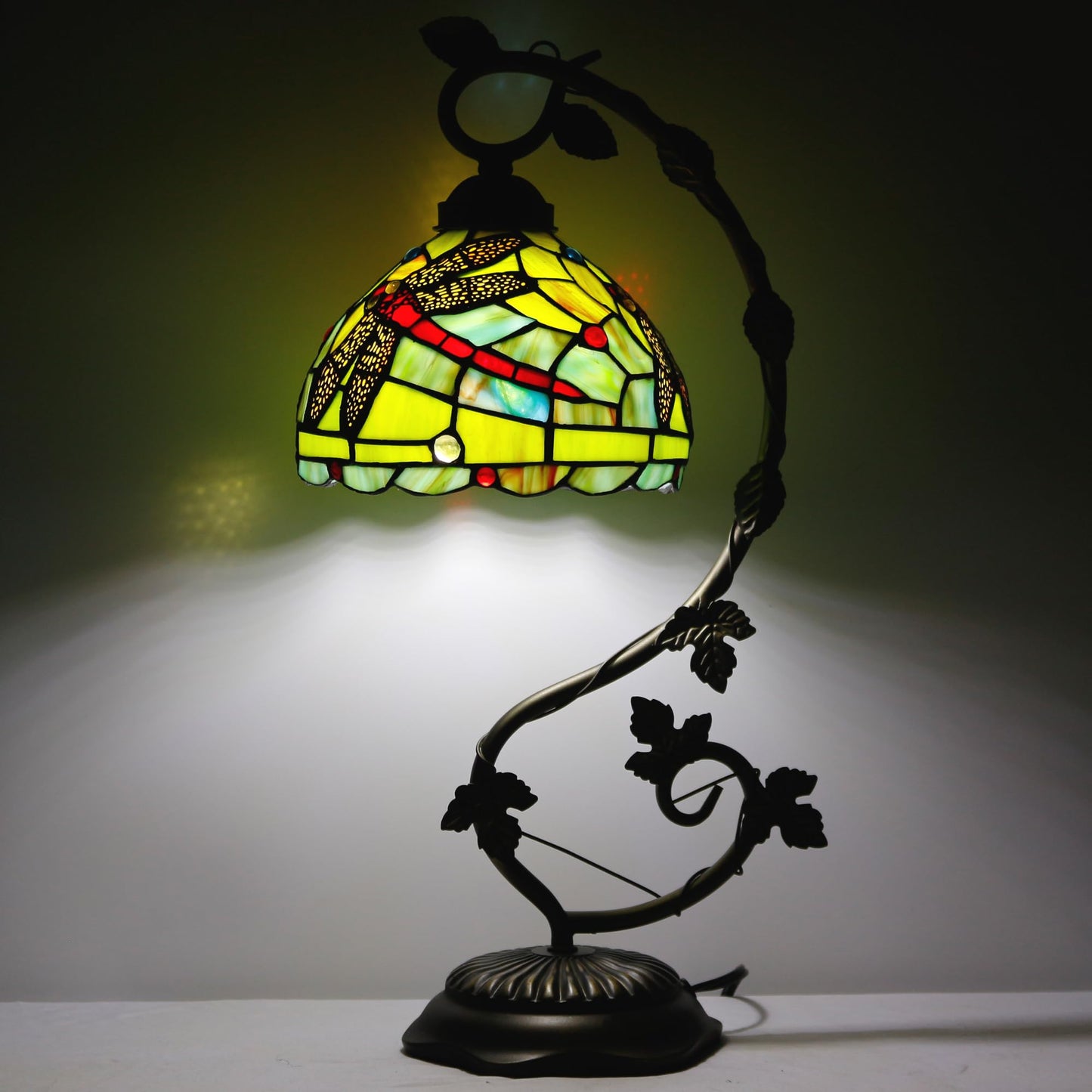 ZJART Tiffany Lamp Stained Glass Table Lamp Metal Leaf Desk Reading Light 8X10X21 Inch Decor Small Space Bedroom Home Office (Green Red Dragonfly)
