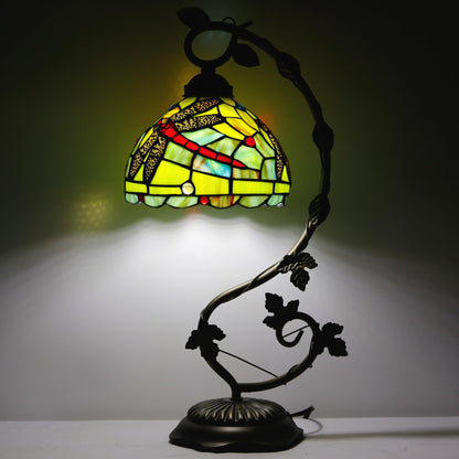 ZJART Tiffany Lamp Stained Glass Table Lamp Metal Leaf Desk Reading Light 8X10X21 Inch Decor Small Space Bedroom Home Office (Green Red Dragonfly)